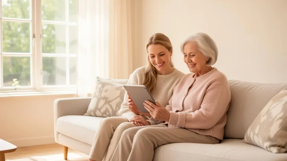 Angehörige und Seniorin informieren sich gemeinsam am Tablet über Treppenlifte