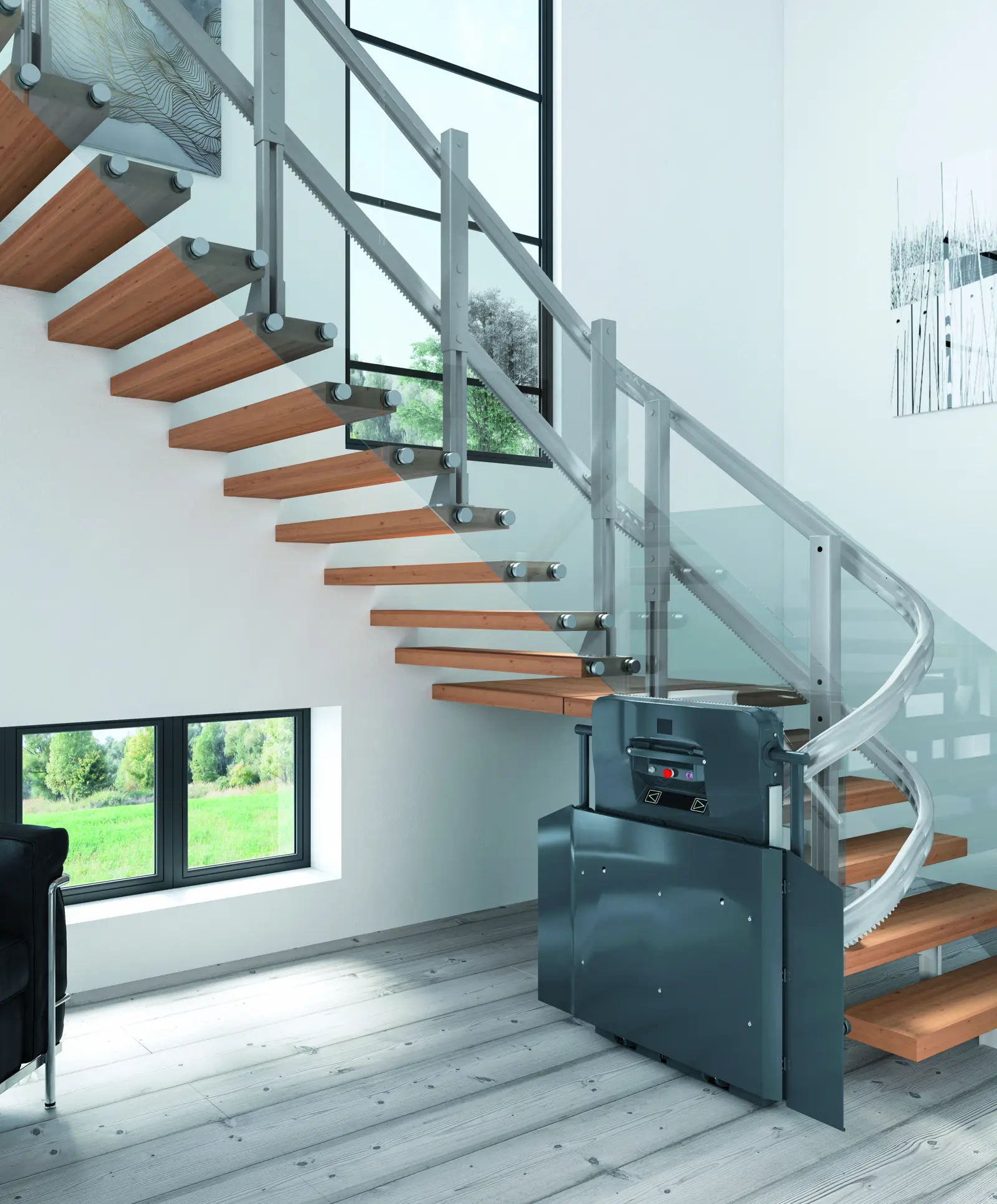 Plattformlift Extrema Next mit 300 kg Tragkraft an kurviger Treppe