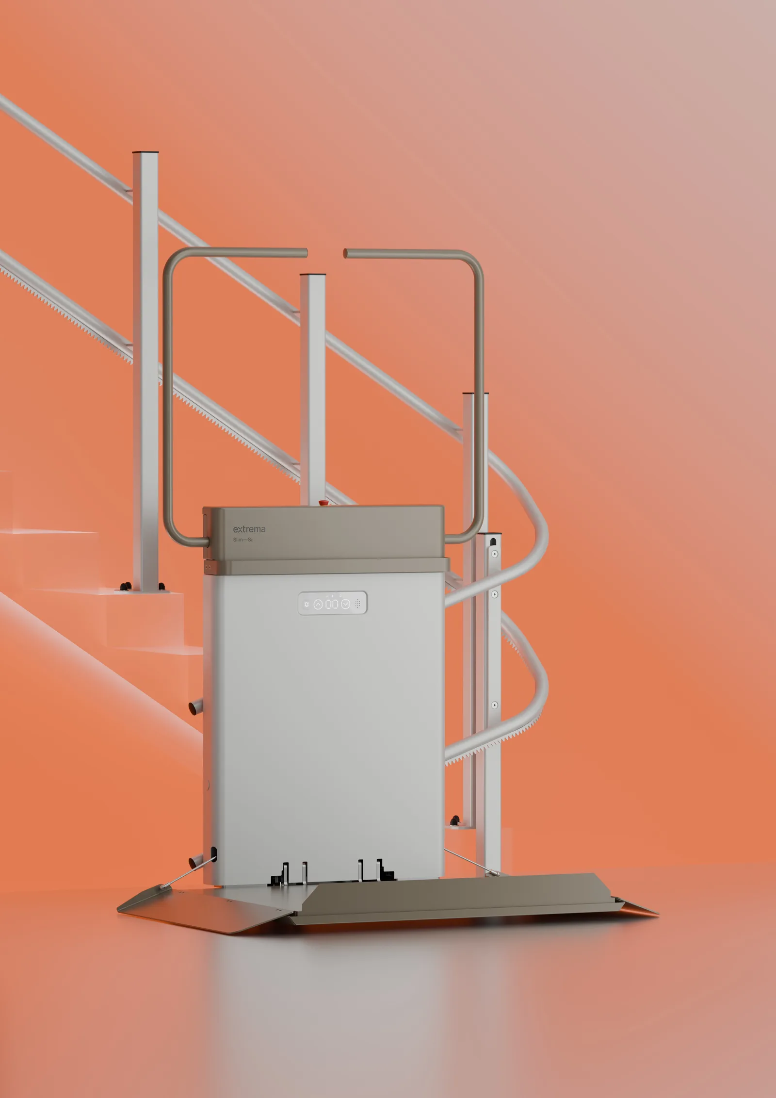 Plattform mit Schutzbügeln und Auffahrrampe eines Extrema Plattformlifts