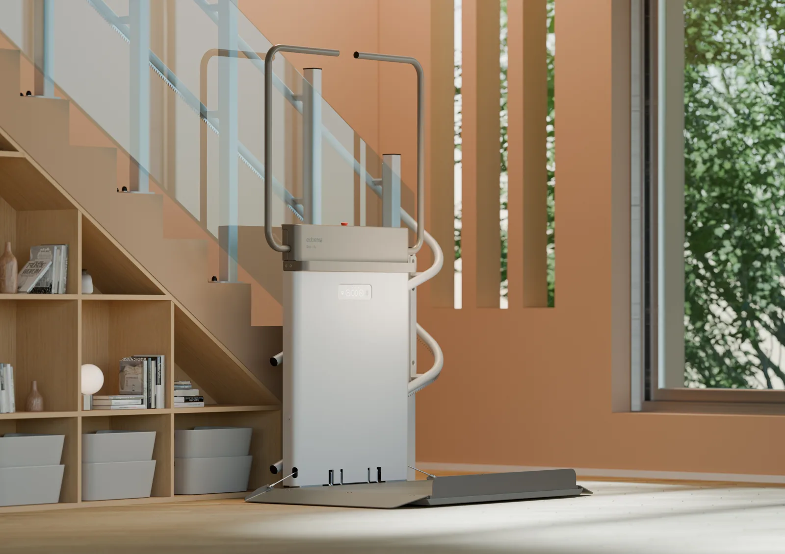 Extrema Plattformlift Slim S2 mit ausgeklappter Plattform an der Treppe