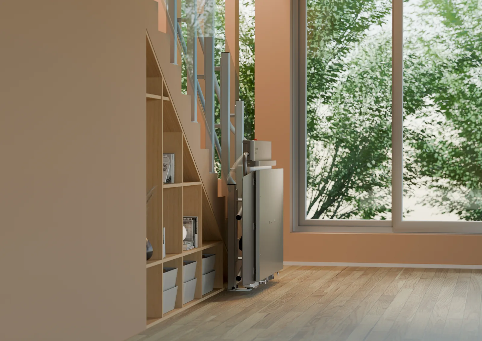 Eingeklappter Plattformlift Slim S2 – minimaler Platzbedarf an der Treppe